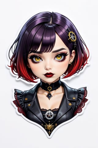 sticker design, steampunk, upper body, close eyes, white background, bob cut, short hair, multicolored hair, makeup , parted lips, black lips, eyeliner, gothic, goth girl,
her hair is styled in a bob with bangs. the tips of her hair are dyed red. sweet cartoon style

,disney pixar style,Line Chibi yellow