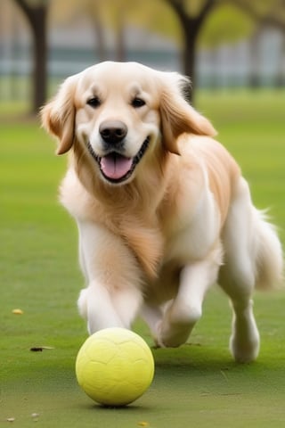 perrita dulce y alegre golden retriver color beige, con  el pelaje lacio y largo, sentada en el parque jugando con pelota