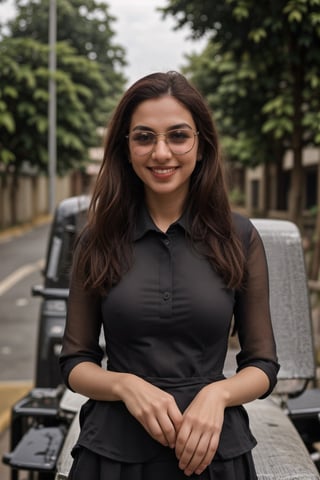 software engineer indian girl, stylish hairs ban, in shilwar and kameez, smiling face with sun glasses sitting on car seat,lora_claire,vidyabalan,Indian