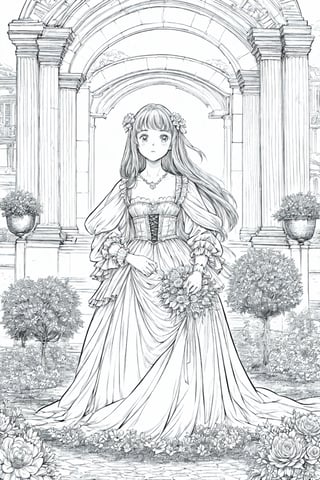 Manga style, lineart style, black and white, 1 young girl buying flowers in a renaissance scenario. best artwork, flat chest, skinny body, cute.