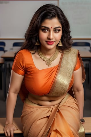 Indian beautiful and hot style chubby bhabhi look like [Vyjayanthimala] and [madhubala] , age 25,(((she sitting on banch ))) full body shot,(Pretty face, dont change her original face),realistic body skin, brown eye ,white teeth,(RAW photo, best quality),(realistic, photo-Realistic:1.3), best quality, masterpiece, beautiful and aesthetic, 16K, (HDR:1.4), high contrast,(((wearing sexy orange chiffon sari saree))),neckless and earring,light Makeup,Extreme skin detail, Extreme realism, Bright camera flash,full body,beautiful,detailed eyes,detailed lips,portrait,endless beauty,Milf, smile on face,red lipstik,pov_eye_contact,A gorgeous hindu indian girl,very fit, very toned, very athletic, naughty poses, hyperdetailed,((milf,school,classroom,teacher,teaching,students,sitting on table)), ((face_round)),(((Full body view))),REALISTIC