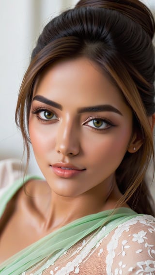 Best quality, 4K, Full Size Long Shot Photo, Masterpiece: 1.3), Pretty Pakistani Woman, 1 Girl, (Brast, Attractive Body: 1.2), Abs: 1.1, Dark brown Hair: 1.1, Realism, Epic Detailed Face Smiling, Detailed Lips, Detailed Symmetrical Eyes, Perfect, Upturned Nose in proportion to the rest of the face. Double Eyelids, Sexy, Realistic Olive Green Eyes, in Her Luxury Bedroom