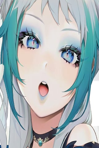 Kyoto animation style,HSOL,beautiful girl with white skin, white hair with aquamarine green tips, blue eyes, white eyelashes, white eyebrows, light blue with white eye shadows, rosy cheeks, faded blue lips