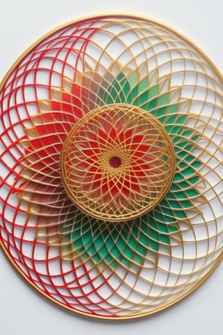 draws a complex of spirograph patterns, the colors are gold, red and green paste, white background