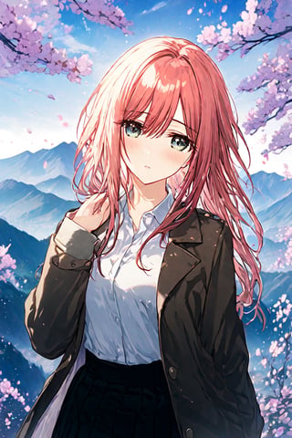 1 girl, official art, production art, novel illustration, {{{{high resolution}}}}, masterpiece, dramatic angle, {{{{highly detailed}}}}, {{beautiful eyes;tareme}}, {{long detailed hair}}}}, {{shirt, skirt, jacket}}, blush, cherry_blossoms, cloudy sky, mountain,harevv