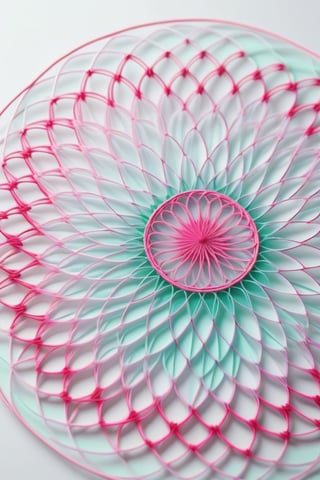 draws a complex of spirograph patterns, the colors are light purple, pink and aquamarine green, white background