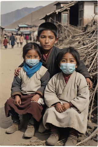 The focus is on a pair of Tibetan brother and sister who are sitting and resting, left-behind children, blush, wearing dirty and worn clothes, there is a pile of picked dead branches and  next to him, the younger sister is looking at the elder brother, and the eld brother’s helpless eyes are dull,  and like to be telling about infinite time of waiting for their parents, the sharp lines and bright colors seem to have nothing to do with them the background of the messy buildings. The overall effect is thought-provoking and visually shocking. Challenging traditional aesthetics,