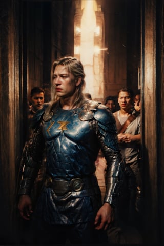 realism, film grain, candid camera, color graded film, eye spotlight, atmospheric lighting, skin pores, blemishes, nature, shallow depth of field, shallow depth of field draws focus to
 the  hyper-realistic game character Thor the God of Thunder, with hyper detailed intricately symbolic armor, Mjölnir in his right hand, lightning bolts emanating from him, standing at the entrance of Valhalla,Handsome Belgian Men,Muscle,Pectoral Focus,watercolor