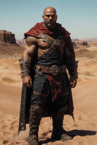 full body shot, solo, 1boy, male focus, boots, dark skin, tattoo, muscular, facial hair, standing, weapon, male focus, belt, cape, holding weapon, armor, facial hair, breastplate, realistic, red cape, watermark, dark-skinned male, web address, beard, bald, manly, desert