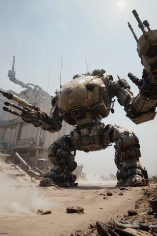 Behemoth of War, a massive military spider robot emerges from the foggy terrain. It walks on its feet and carries a heavy cannon on each shoulder, ready to unleash devastating firepower on its enemies. The camera captures the momentum of the tank as it advances.,perfect light