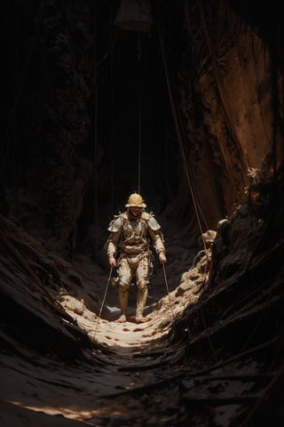 full body shot, realistic, film grain, candid camera, color graded film, eye spotlight, atmospheric lighting, skin pores, imperfections, nature, shallow depth of field, shallow depth of field draws focus to 5 explorers as they rappel as a storm approaches The way to the bottom of the deep mouth, in this cave, no one has to worry about the weather forecast because they know they will be safe underground. But when the cave floods, they become disoriented, and tensions mount as they struggle to find their way out. But the humid air, confined space, and rising water levels are not their main concerns as they discover that the storm has also brought hungry predators hiding in the darkness.