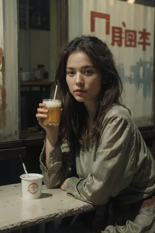 Pretty Japanese woman drinking beer at a road side cafe in Tokyo in the 1990s. Interesting composition and lighting. Narrative story telling. Melancholy mood. 35mm film street photography.,ChineseWatercolorPainting,nodf_lora, Canon EOS-1D, f/5. 6