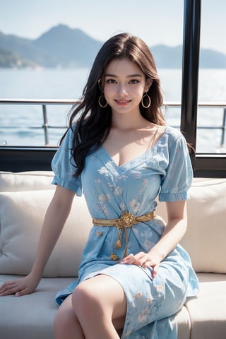 This photo presents a contemporary minimalist photography style. The composition depicts a woman sitting on a sofa on the deck of a yacht, a heroic perspective, the sea, blue sky, and mountains. ((Wearing a light blue, knee-length floral dress with short sleeves and a nipped-in waist.)). The skirt unfolds gracefully. Wearing a pair of sunglasses. Holding a bottle of Heineken beer in hand. The overall atmosphere is feminine and elegant, highlighting the beauty and details of the garments. She is smiling and wearing gold earrings. The overall atmosphere is relaxed and pleasant.