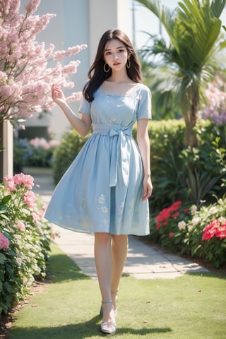 This photo presents a contemporary minimalist photography style. The composition depicts a woman standing in front of a green, flower-filled garden, a heroic perspective, shot from full body, creating a clean and tidy look. ((Wearing a light blue, knee-length floral dress with short sleeves and a nipped-in waist.)). The skirt unfolds gracefully. The overall atmosphere is feminine and elegant, highlighting the beauty and details of the garments. She is smiling and wearing gold earrings. The overall atmosphere is relaxed and pleasant.