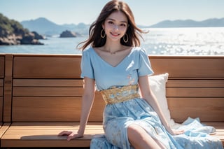 This photo presents a contemporary minimalist photography style. The composition depicts a woman sitting on a sofa on the deck of a yacht, a heroic perspective, the sea, blue sky, and mountains. ((Wearing a light blue, knee-length floral dress with short sleeves and a nipped-in waist.)). The skirt unfolds gracefully. Wearing a pair of sunglasses. The overall atmosphere is feminine and elegant, highlighting the beauty and details of the garments. She is smiling and wearing gold earrings. The overall atmosphere is relaxed and pleasant.