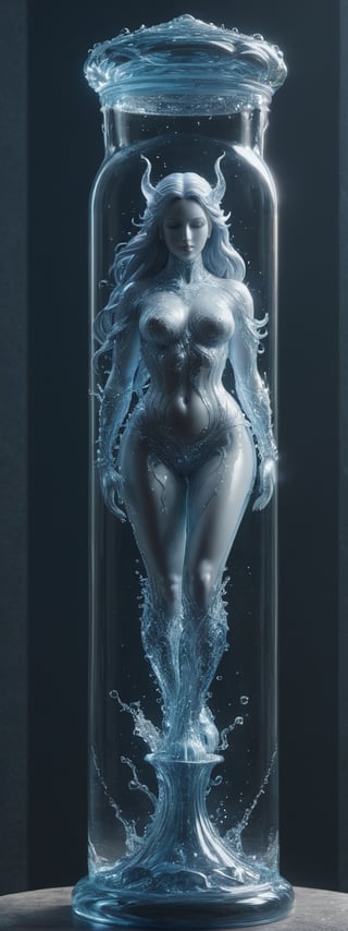 (((Full body, Perfect body proportions))), a close up of a statue of a girl, solo, made of water , transparent body, digital art, gothic art, 8 k highly detailed , beautiful elegant demon queen, full_body include legs, intricate body, beautiful detail and color, sylvain sarrailh and igor morski, detailed body, watce, naked, (((naked, no cloth, transparent pussy and transparent nipple))),in a jar,  (((standing in a giant glass bottle, Bottles corked)))