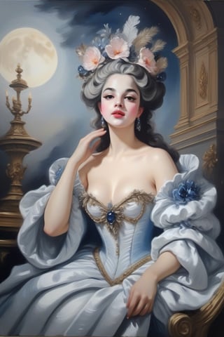 oil painting on canvas,Queen of the Night on the opera stage,(in the style of François Boucher:1.2),white background,chic colours,nostalgic,loneliness,old fashioned