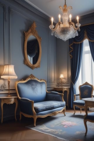 oil painting on canvas,suite room in the Rococo hotel,(in the style of François Boucher:1.2),colours are gray and midnight-blue and black,white background,nostalgic,loneliness,old fashioned