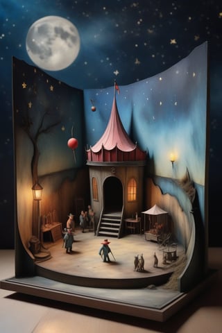 3D diorama model of Bosch's strange circus hell,water colours,(ink lines:1.3),at night,starry night,smiling crescent moon,dark shadows,(in the style of Hieronymus Bosch:1.2),chic colours,nostalgic,loneliness,old fashioned,photorealistic,realism