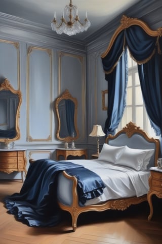 oil painting on canvas,suite room in the Rococo hotel,(in the style of François Boucher:1.2),colours are gray and midnight-blue and black,white background,nostalgic,loneliness,old fashioned