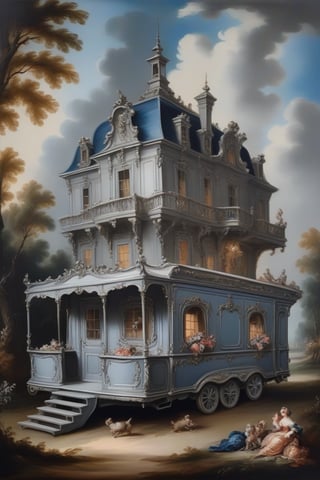 oil painting on canvas,Rococo luxury gigantic trailer house,(in the style of François Boucher:1.2),colours are gray and midnight-blue and black,white background,nostalgic,loneliness,old fashioned