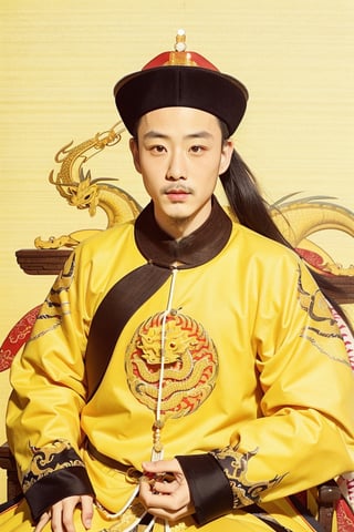 front view portrait, full body or upper body, sitting, very formal, clothes in Chinese traditional style,pure yellow painting backgroound,(details inaccurate though), extreme detailed, (masterpiece), (top quality), (best quality), (official art), (beautiful and aesthetic:1.2), (stylish pose), (1 man) young man , no beard, (Qing dynasty style)qing dynasty official hat,yellow Chinese clothes ((Chinese dragon pattern)),sks person,Handsome Thai Men,1 girl 