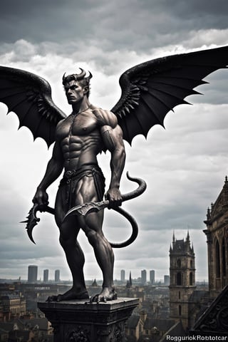 A fierce looking muscular male gargoyle with wings looking down on a gothic style city, photorealistic image