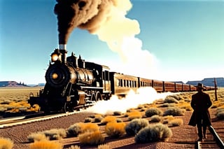 An old steam engine train traveling through the plains of arizona in the old west with a group of train robbers riding up on horses along side of the train. 1980 art by Adolf Menzel, ,Movie Poster,MoviePosterAF