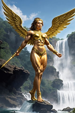 A muscular female Lionperson with wings totally made of  gold holding a large spear standing on a outcropping in front of a magnificent waterfall, Photorealistic quality