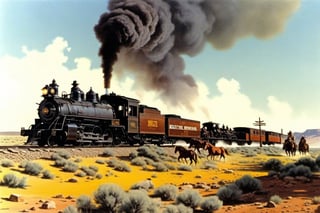 An old steam engine train traveling through the plains of arizona in the old west with a group of train robbers riding up on horses along side of the train. 1980 art by Adolf Menzel, ,Movie Poster,MoviePosterAF