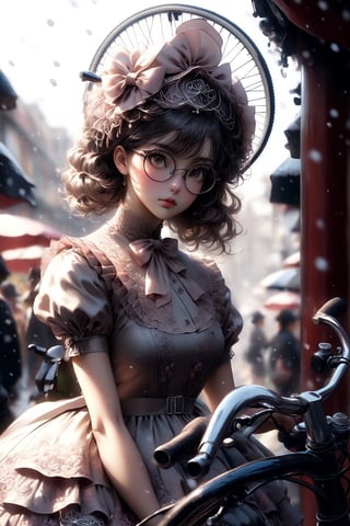 Alluring and hot female, big and perfect eyes, thin and slightly upturned nose, appealing full lips, flirting. Glasses, bicycle helmet, sweet lolita dress, bike. Trending on Artstation, sharp focus, studio photo, intricate details, highly detailed, snow, octane render, 64k, photorealistic concept art, soft natural light, chiaroscuro, masterpiece.,Decora_SWstyle,style