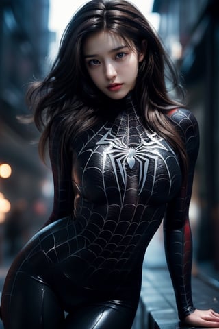 woman with long brown hair and brown eyes, medium breasts, role-playing as Spider-Man, wearing a black tight suit, 
Sexy pose, realistic photo, wide-angle lens, high quality, high resolution, high precision, UHD: 1.3, 4K rendering, face focus, the background is stunning, with depth of field effect