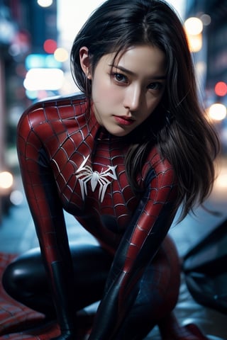 woman with long brown hair and brown eyes, medium breasts, role-playing as Spider-Man, wearing a black tight suit, doing a classic Spider-Man pose, realistic photo, wide-angle lens, high quality, high resolution, high precision, UHD: 1.3, 4K rendering, face focus, the background is stunning, with depth of field effect