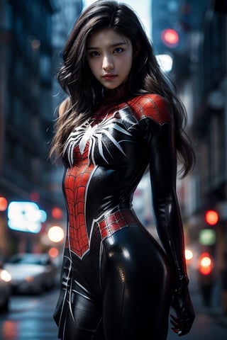 woman with long brown hair and brown eyes, medium breasts, role-playing as Spider-Man, wearing a black tight suit, 
 more_than_one_pose, realistic photo, wide-angle lens, high quality, high resolution, high precision, UHD: 1.3, 4K rendering, face focus, the background is stunning, with depth of field effect