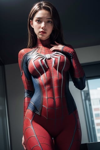 woman with long brown hair and brown eyes, medium breasts, role-playing as Spider-Man, wearing a red tight suit, doing a classic Spider-Man pose, realistic photo, wide-angle lens, high quality, high resolution, high precision, UHD: 1.3, 4K rendering, face focus, the background is stunning, with depth of field effect