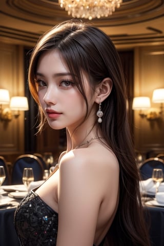 Girl, long hair, looking at viewer, brown hair, brown eyes,  medium breasts, small smile, realistic
Draw a picture of a woman wearing a black sexy evening dress, attending a hotel banquet, wearing a sparkling and expensive necklace and earrings, facing away from the camera, with a rich background, with reporters, guests, wine glasses on the round table, crystal chandeliers on the ceiling, depth of field effect, realistic photo, and macro lens.
High quality, high resolution, high accuracy, UHD: 1.3, 4K high resolution rendering, medium Shot, face focus.