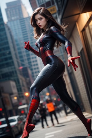 woman with long brown hair and brown eyes, medium breasts, role-playing as Spider-Man, wearing a black tight suit, 
Sexy pose, realistic photo, wide-angle lens, high quality, high resolution, high precision, UHD: 1.3, 4K rendering, face focus, the background is stunning, with depth of field effect