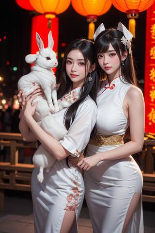 Two beautiful girls, holding a rabbit, white_skin, black-hair, very long hair, Good figure, 
Wear the light color traditional dress of the Han Chinese people, 
Background is Lantern Festival, many lantern,red light.