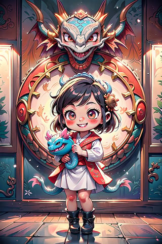 best quality, masterpiece, beautiful and aesthetic, vibrant color, Exquisite details and textures,  Warm tone, ultra realistic illustration,	(cute Latino girl, 9year old:1.5),	(Dancing battle theme:1.2),	(holding a dragon doll:1.4), (a fancy dragon decoration:1.6),	cute eyes, big eyes,	(a gentle smile:1.5),	16K, (HDR:1.4), high contrast, bokeh:1.2, lens flare,	siena natural ratio, children's body, anime style, 	head to toe,	Light Brown ponytail hairstyle,	a white knitted dress a scarf and a beret, winter boots, 	ultra hd, realistic, vivid colors, highly detailed, UHD drawing, perfect composition, beautiful detailed intricate insanely detailed octane render trending on artstation, 8k artistic photography, photorealistic concept art, soft natural volumetric cinematic perfect light. 