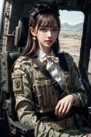 1girl, solo, long hair, looking at the viewer, smile, laugh, teeth, bangs, brown hair, realistic, (masterpiece, best quality, CGI, official art:1.2), as a helicopter pilot, sitting inside of a helicopter, (masterpiece, top quality, best quality, official art, beautiful and aesthetic:1.2), (1girl), extremely detailed, Movie Still, Film Still, Wearing tight military uniform, long sleeves camouflage military uniform, Bulletproof vest, seat belt, Cinematic, masterpiece, best quality, photorealistic, raw photo, earrings, black eyes, lips, bow headband, lips, ribbon, realistic, parted lips, lips, ribbon, realistic, blurry background,Military