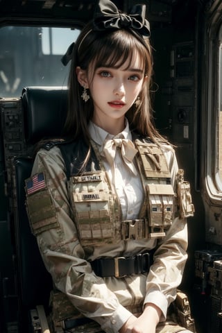 1girl, solo, long hair, looking at the viewer, smile, laugh, teeth, bangs, brown hair, realistic, (masterpiece, best quality, CGI, official art:1.2), as a helicopter pilot, sitting inside of a helicopter, (masterpiece, top quality, best quality, official art, beautiful and aesthetic:1.2), (1girl), extremely detailed, Movie Still, Film Still, Wearing tight military uniform, long sleeves camouflage military uniform, Bulletproof vest, seat belt, Cinematic, masterpiece, best quality, photorealistic, raw photo, earrings, black eyes, lips, bow headband, lips, ribbon, realistic, parted lips, lips, ribbon, realistic, blurry background,Military