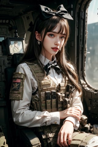 1girl, solo, long hair, looking at the viewer, smile, laugh, teeth, bangs, brown hair, realistic, (masterpiece, best quality, CGI, official art:1.2), as a helicopter pilot, sitting inside of a helicopter, (masterpiece, top quality, best quality, official art, beautiful and aesthetic:1.2), (1girl), extremely detailed, Movie Still, Film Still, Wearing tight military uniform, long sleeves camouflage military uniform, Bulletproof vest, seat belt, Cinematic, masterpiece, best quality, photorealistic, raw photo, earrings, black eyes, lips, bow headband, lips, ribbon, realistic, parted lips, lips, ribbon, realistic, blurry background,Military