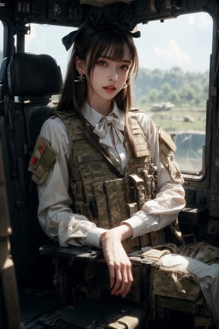 1girl, solo, long hair, looking at the viewer, smile, laugh, teeth, bangs, brown hair, realistic, (masterpiece, best quality, CGI, official art:1.2), as a helicopter pilot, sitting inside of a helicopter, (masterpiece, top quality, best quality, official art, beautiful and aesthetic:1.2), (1girl), extremely detailed, Movie Still, Film Still, Wearing tight military uniform, long sleeves camouflage military uniform, Bulletproof vest, seat belt, Cinematic, masterpiece, best quality, photorealistic, raw photo, earrings, black eyes, lips, bow headband, lips, ribbon, realistic, parted lips, lips, ribbon, realistic, blurry background,Military