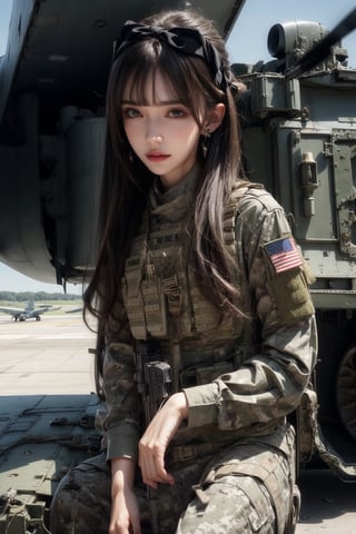 1girl, solo, long hair, smile, bangs, brown hair, realistic,  in a military airport, military vehicle, airplane, vehicle focus, jet, fighter jet, slender body, soldier girl, wearing  camouflage military uniform, Long sleeves, long pants, highly-detailed, lips, one knee, earrings, black eyes, lips, bow headband, lips, ribbon, realistic, parted lips, lips, ribbon, realistic, blurry background, tank,Military