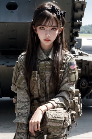 1girl, solo, long hair, smile, bangs, brown hair, realistic,  in a military airport, military vehicle, airplane, vehicle focus, jet, fighter jet, slender body, soldier girl, wearing  camouflage military uniform, Long sleeves, long pants, highly-detailed, lips, one knee, earrings, black eyes, lips, bow headband, lips, ribbon, realistic, parted lips, lips, ribbon, realistic, blurry background, tank,Military