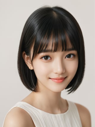 A photorealistic digital portrait of a young girl with short, straight black hair, bangs, and a side part. She has a gentle smile, light makeup, and is wearing a white shirt. The background is soft-focused with a neutral color palette, emphasizing the subject. The lighting is soft and diffused, highlighting her features and giving the image a warm, inviting atmosphere.

More Reasonable Details,aesthetic portrait,FilmGirl,hubggirl