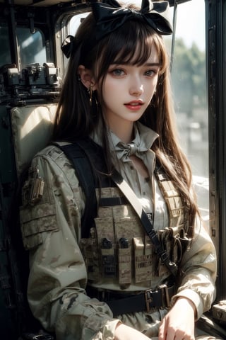 1girl, solo, long hair, looking at the viewer, smile, laugh, teeth, bangs, brown hair, realistic, (masterpiece, best quality, CGI, official art:1.2), as a helicopter pilot, sitting inside of a helicopter, (masterpiece, top quality, best quality, official art, beautiful and aesthetic:1.2), (1girl), extremely detailed, Movie Still, Film Still, Wearing tight military uniform, long sleeves camouflage military uniform, Bulletproof vest, seat belt, Cinematic, masterpiece, best quality, photorealistic, raw photo, earrings, black eyes, lips, bow headband, lips, ribbon, realistic, parted lips, lips, ribbon, realistic, blurry background,Military