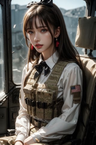 1girl, solo, long hair, looking at the viewer, smile, laugh, teeth, bangs, brown hair, realistic, (masterpiece, best quality, CGI, official art:1.2), as a helicopter pilot, sitting inside of a helicopter, (masterpiece, top quality, best quality, official art, beautiful and aesthetic:1.2), (1girl), extremely detailed, Movie Still, Film Still, Wearing tight military uniform, long sleeves camouflage military uniform, Bulletproof vest, seat belt, Cinematic, masterpiece, best quality, photorealistic, raw photo, earrings, black eyes, lips, bow headband, lips, ribbon, realistic, parted lips, lips, ribbon, realistic, blurry background,Military