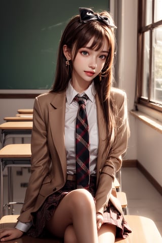 1girl, solo, long hair, looking at the viewer, smile, bangs, brown hair, realistic, shoulders-long messy elegant hair. (masterpiece, best quality, CGI, official art:1.2), (masterpiece), (best quality),(ultra-detailed),,(extremely detailed),(perfect anatomy),(super detailed skin),(detailed),(beautiful detailed eyes),(plaid skirt), skirt,(school uniform), (white shirt),(brown blazer:1.1), (plaid necktie), curvy, sitting, (knee up:1.1), foot out of frame, school, classroom, realistic,  masterpiece, best quality, photorealistic, raw photo,  earrings, black eyes, lips, bow headband, lips, ribbon, realistic, parted lips, lips, ribbon, realistic, blurry background,spread\(vaginal\)