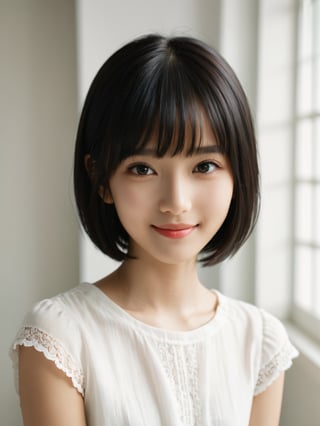 A photorealistic digital portrait of a young girl with short, straight black hair, bangs, and a side part. She has a gentle smile, light makeup, and is wearing a white shirt. The background is soft-focused with a neutral color palette, emphasizing the subject. The lighting is soft and diffused, highlighting her features and giving the image a warm, inviting atmosphere.

More Reasonable Details,aesthetic portrait,FilmGirl,hubggirl